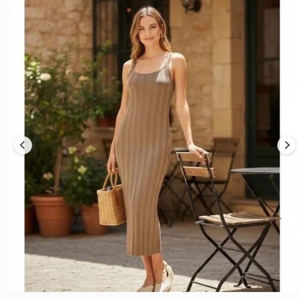Free People Beach Ribbed Santo knit Bodycon Maxi Dress Vacation M Neutral New